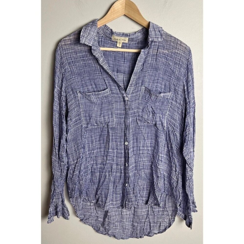 Cloth & Stone Blue White Gingham Plaid Rayon Button Down Shirt Size Medium Women